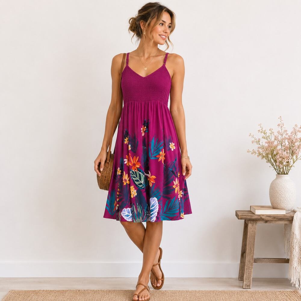 Old Navy Cami Dress Womens Size M Magenta Floral Cottage Summer Casual Vacation